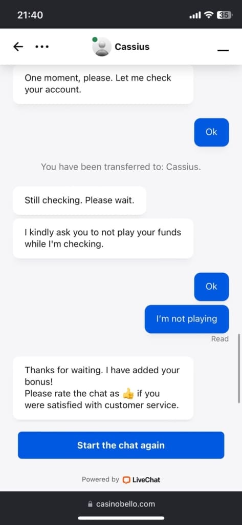 CasinoBello Casino Support