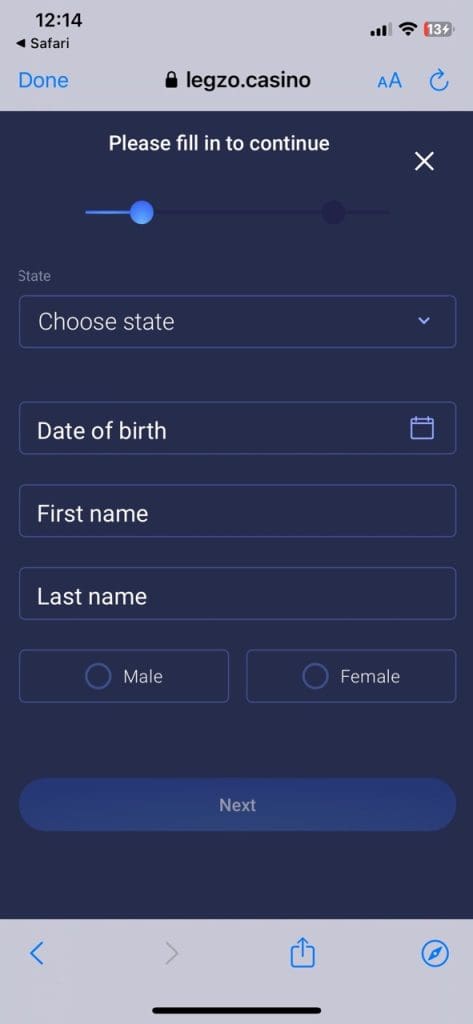 Legzo Casino Sing up