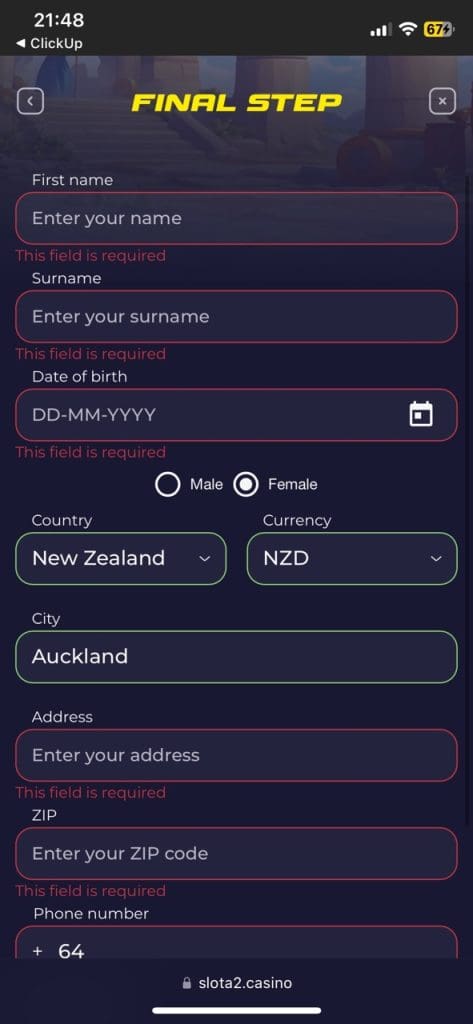 Slota Casino sing up