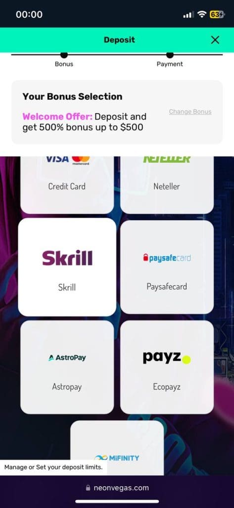 Neon Vegas deposit options