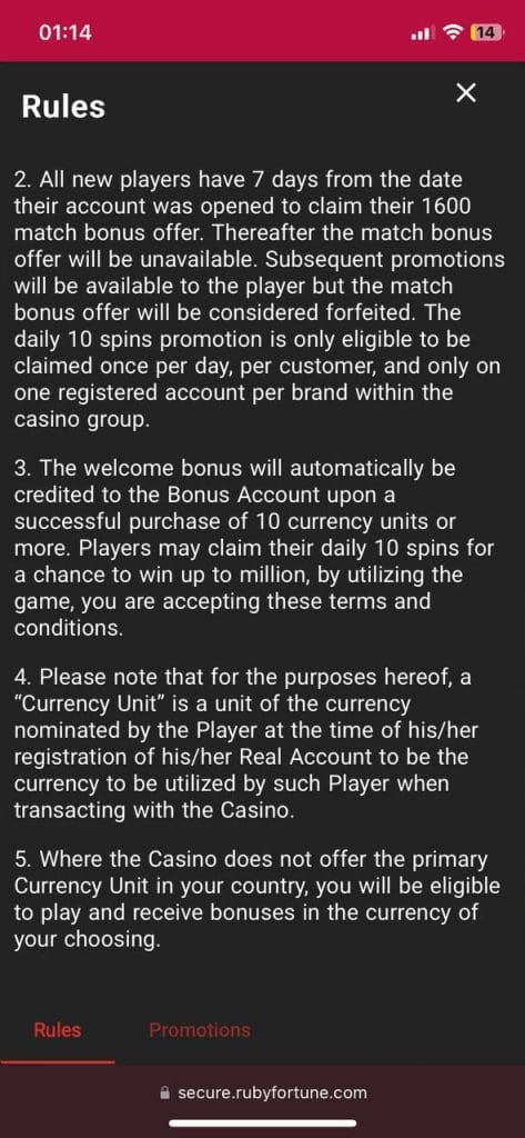 Ruby Fortune Casino 1$ deposit